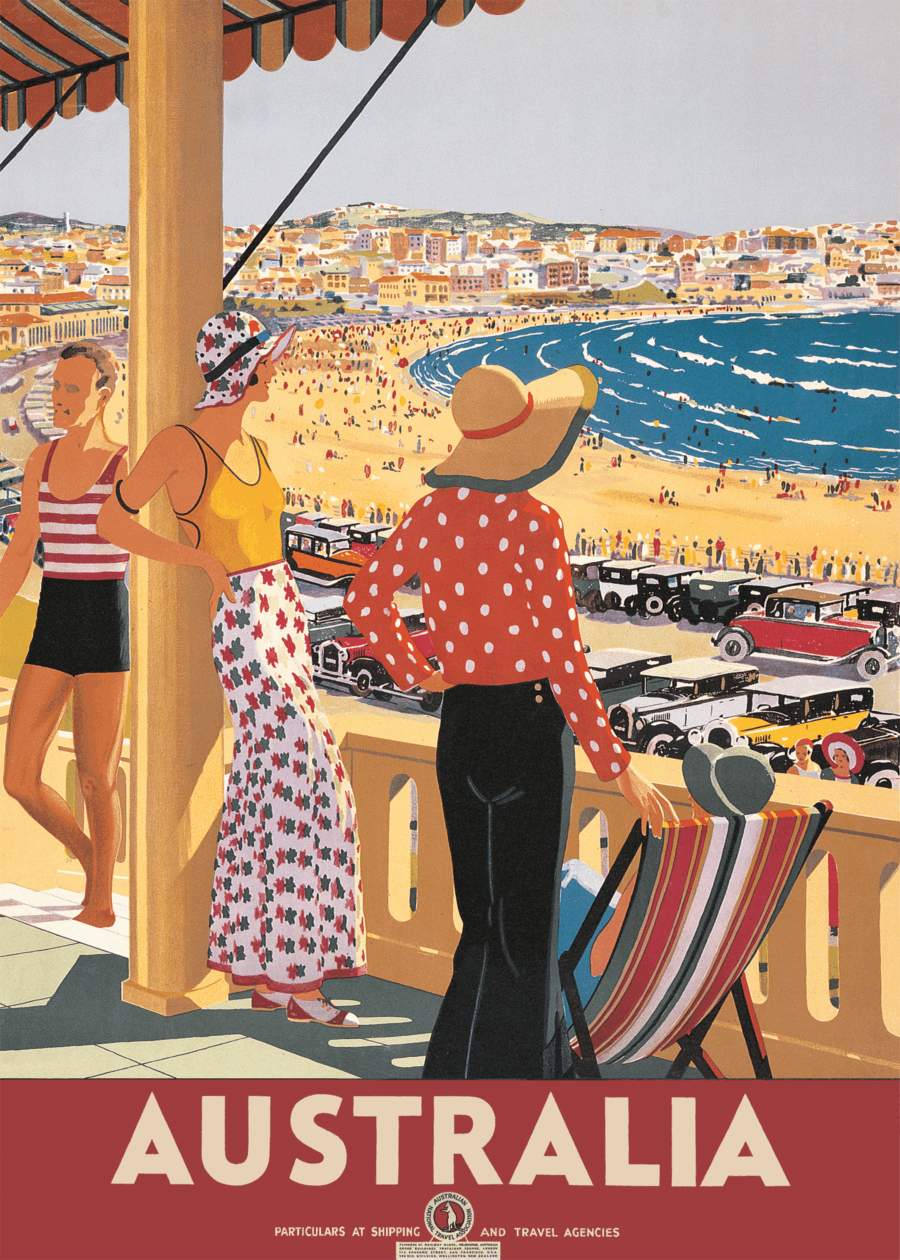 Australia vintage travel Bondi beach poster print