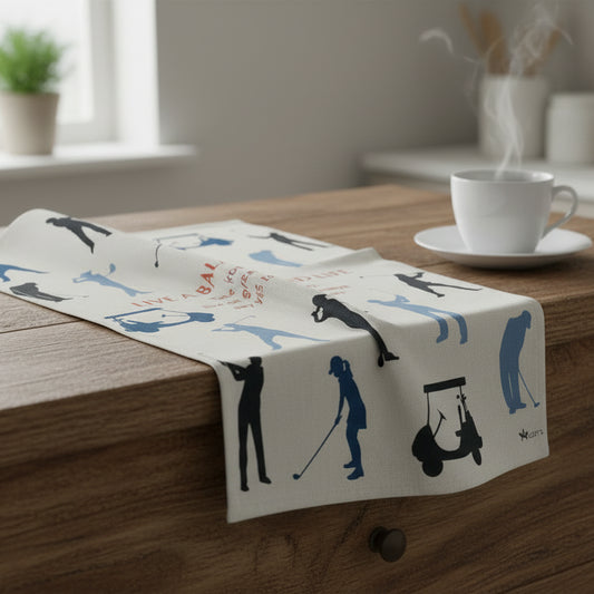 Tea towel with golf-themed design and text on a white background
