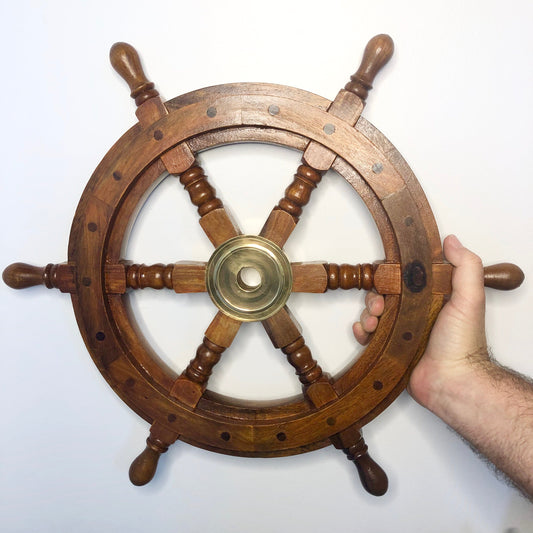 Antique coastal decor boat wheel brass & wood statue