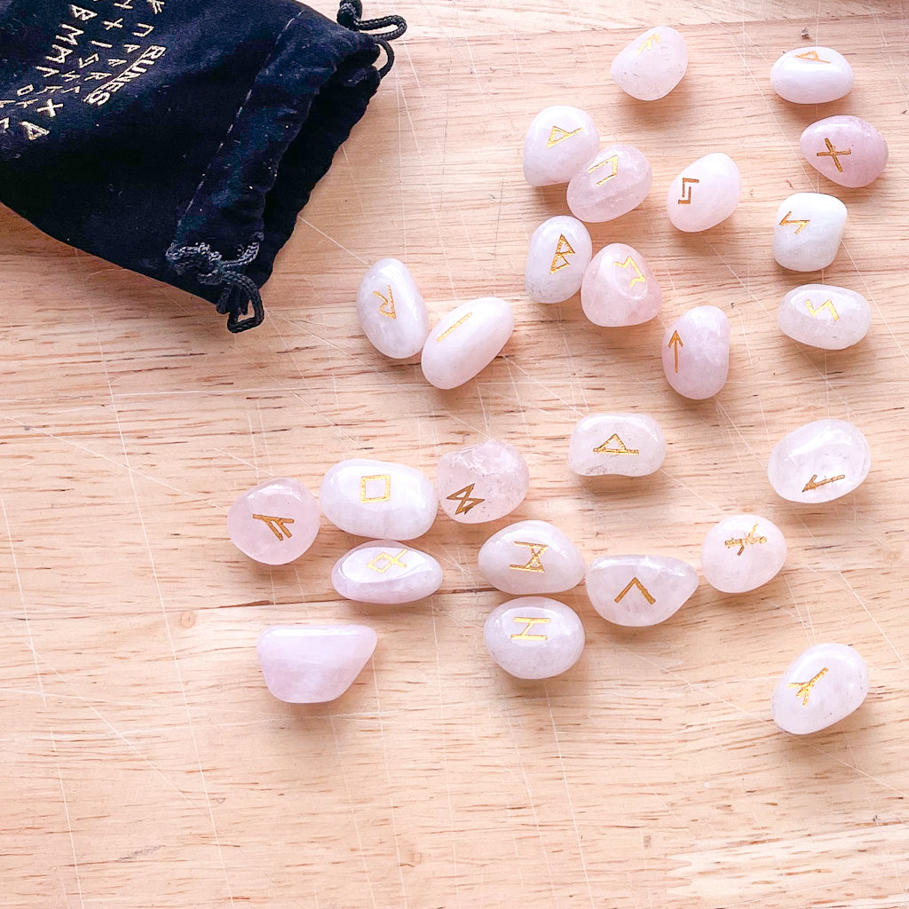 Rose quartz crystal runes stone set