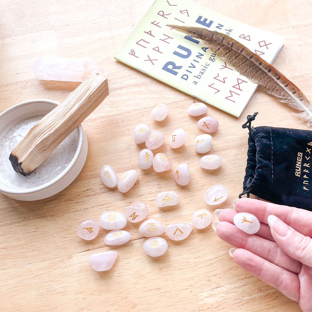 Rose quartz crystal runes stone set