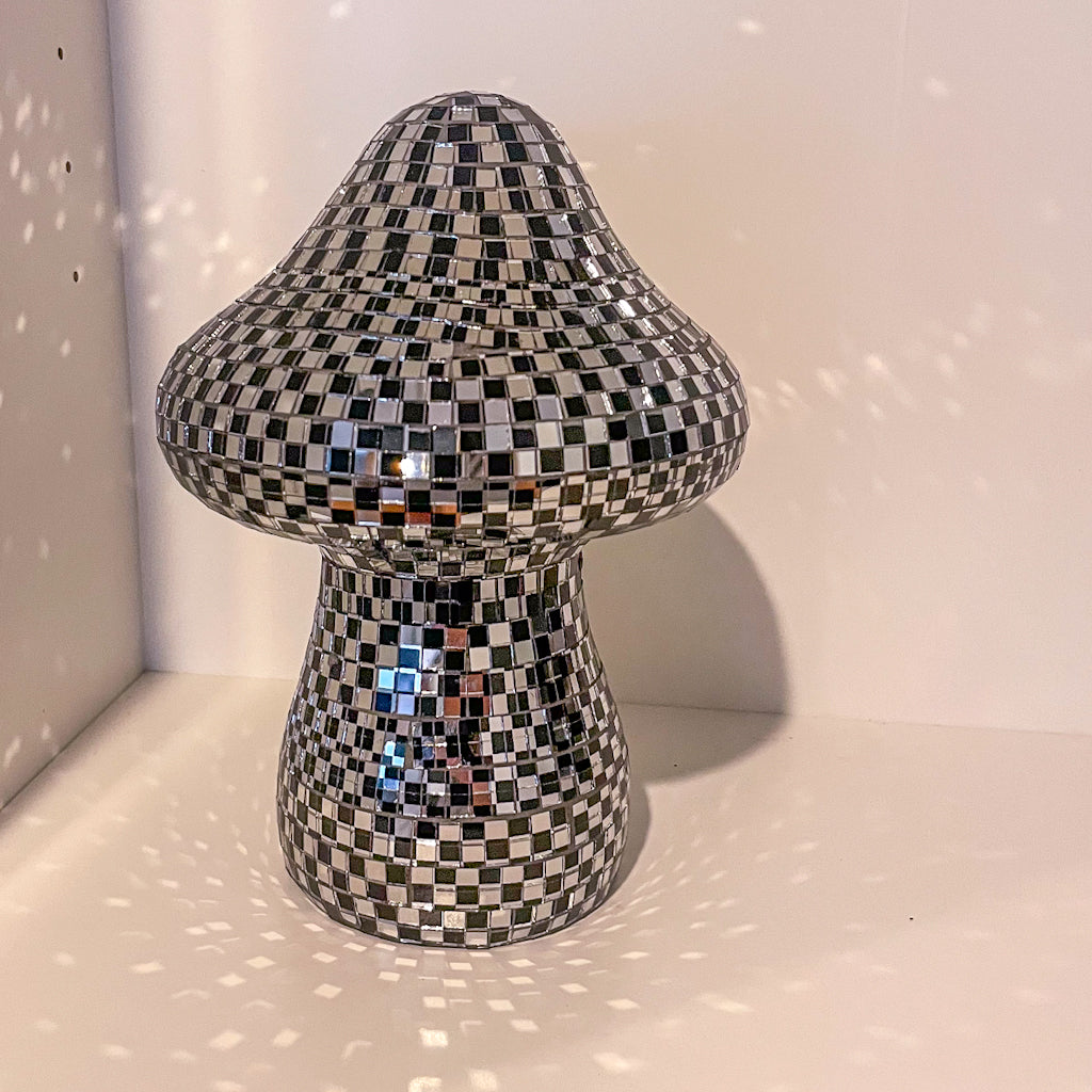 Trippy mirror disco ball mushroom statue