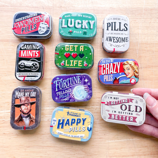 Lucky Happy pills / gamer fun Mints in a novelty metal trinket tin