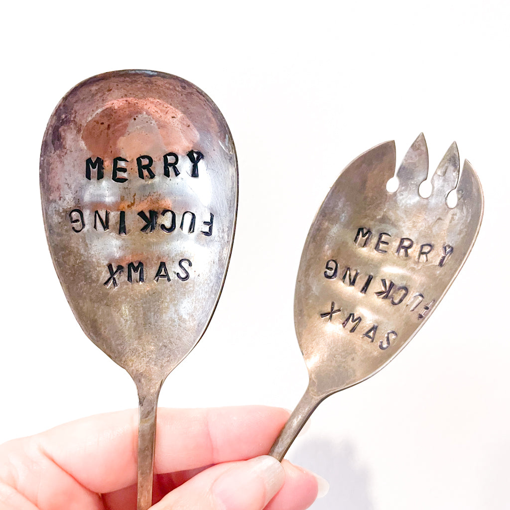 Merry Fucking Xmas hand stamped vintage silver cutlery