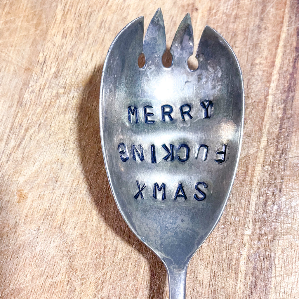 Merry Fucking Xmas hand stamped vintage silver cutlery