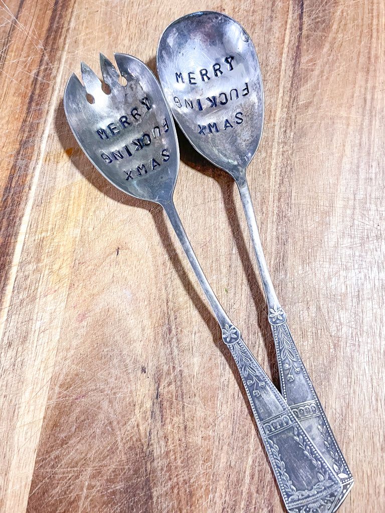 Merry Fucking Xmas hand stamped vintage silver cutlery