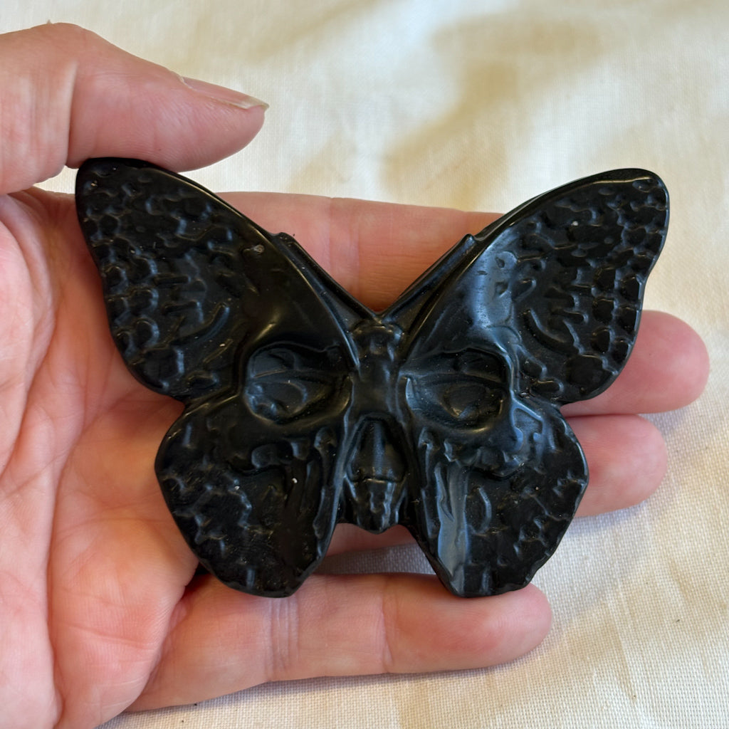 Black obsidian crystal death moth carving