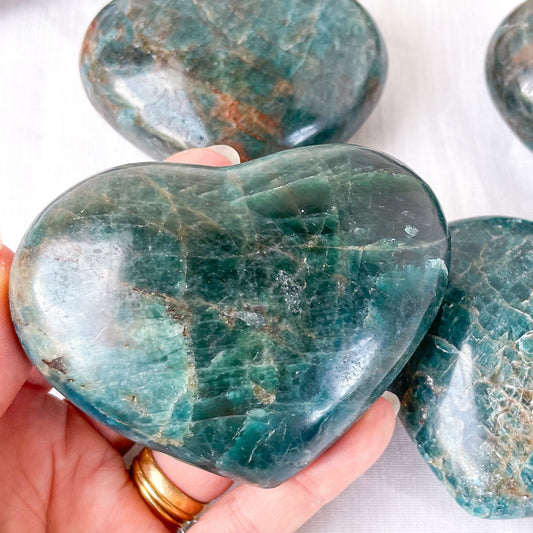 Hand holding a greenish-blue apatite crystal stone with other stones in the background on a white surface