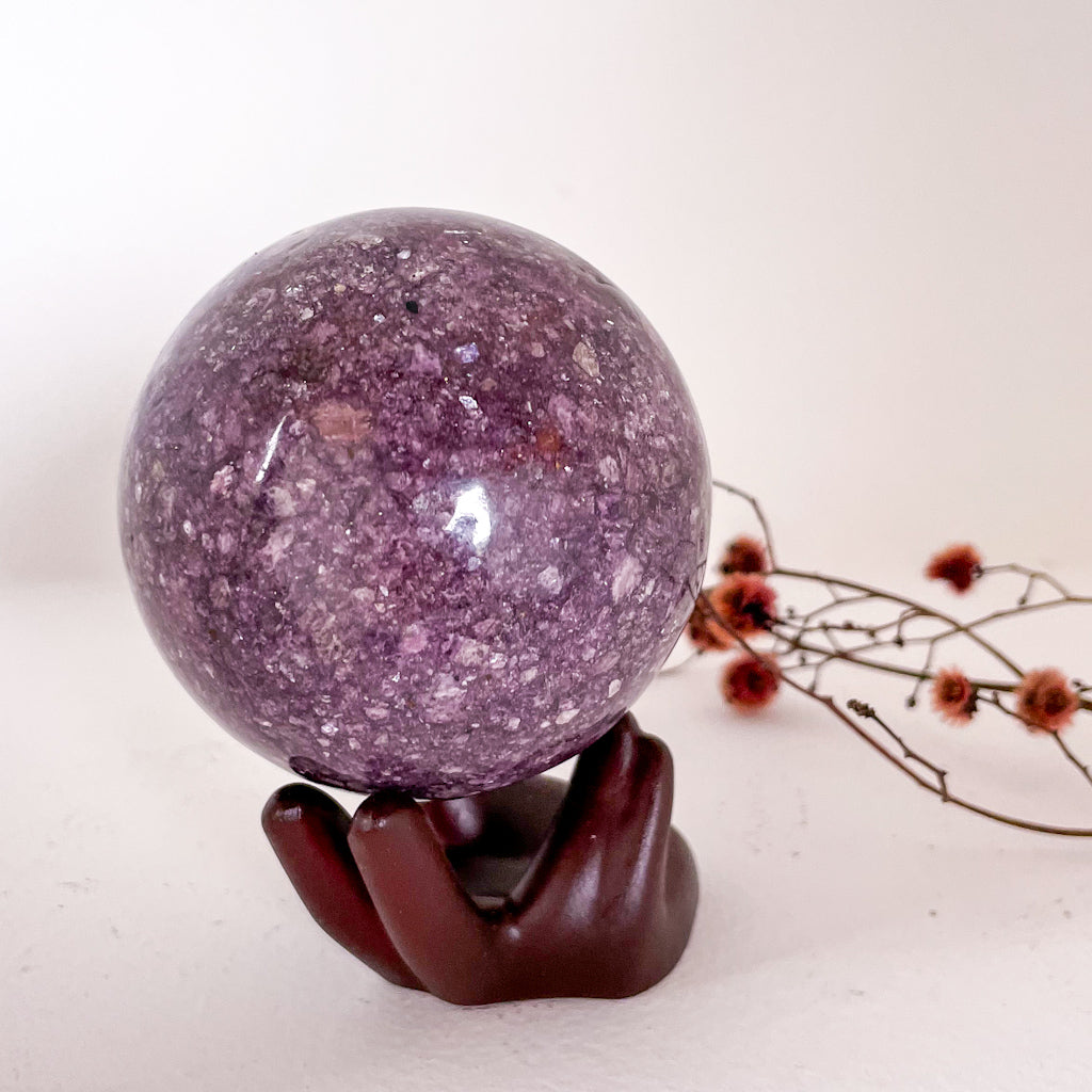 Large lepidolite crystal sphere