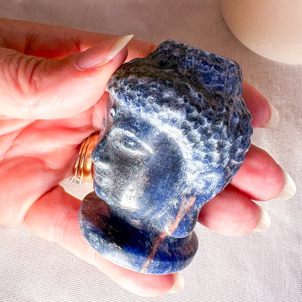 Sodalite crystal carved buddha head statue