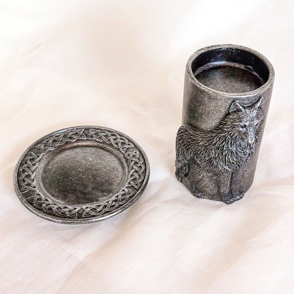 Wolf candle holder & Celtic knot trinket dish