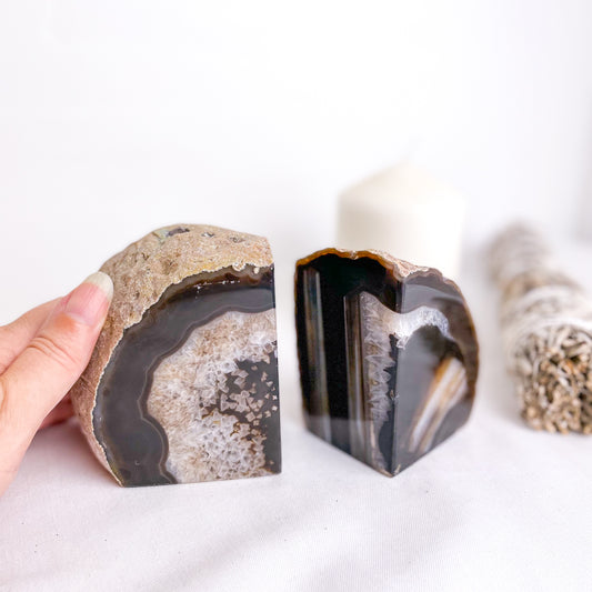 Natural Agate crystal geode bookend pair brown
