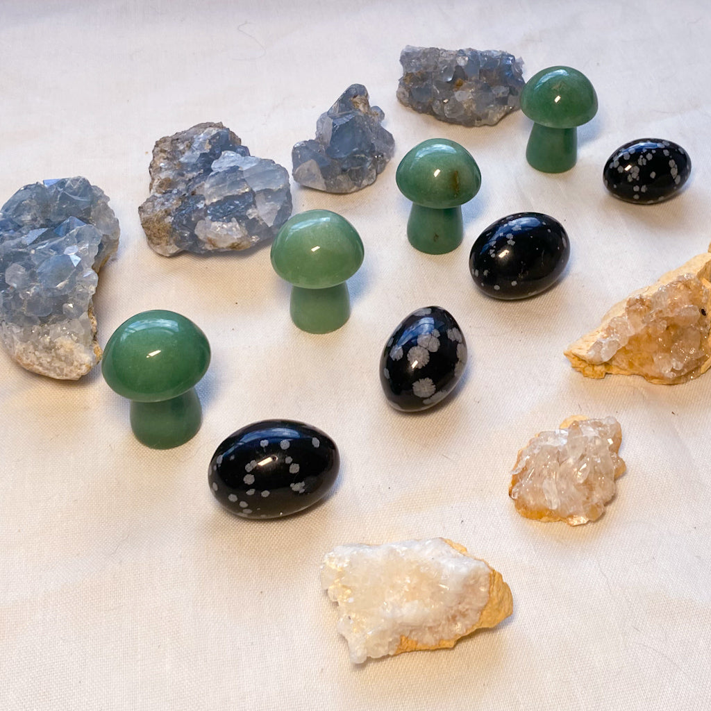 Aventurine mushroom, celestite, calcite and snowflake obsidian crystal set of 4