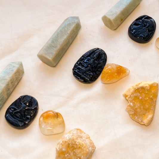 Amazonite, obsidian calcite and citrine crystal set of 4