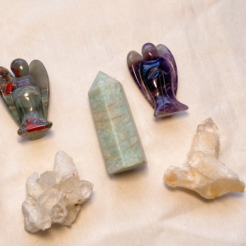 Cactus quartz, amazonite tower and angel crystal set of 3