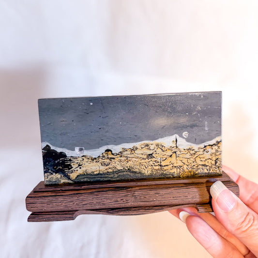 Hand holding a small landscape crystal in a wooden frame against a white background