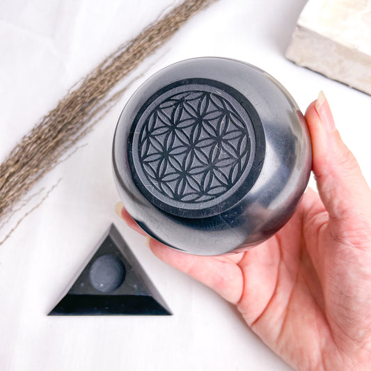 Shungite large crystal sphere flower of life with stand