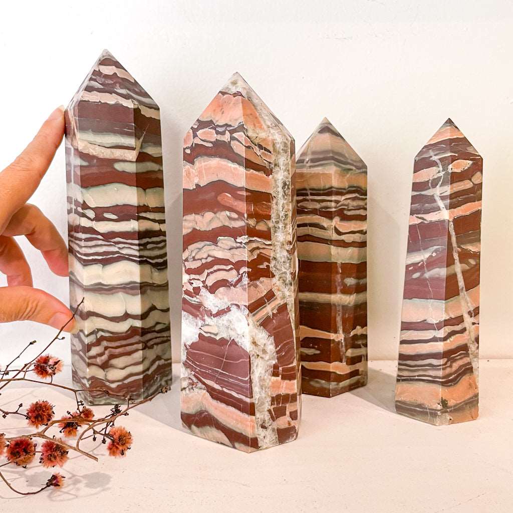 Australian Zebra jasper with quartz crystal point generator tower