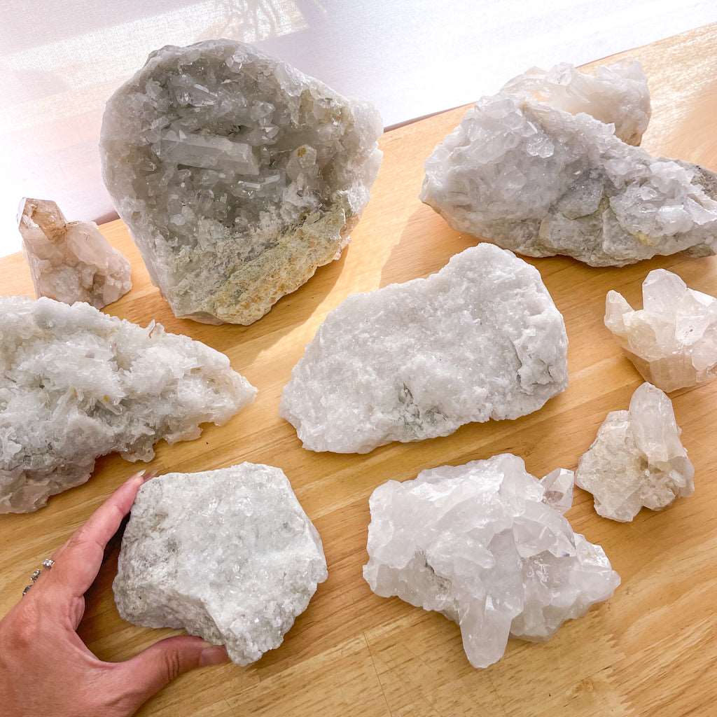 Clear quartz crystal cluster XS-XL