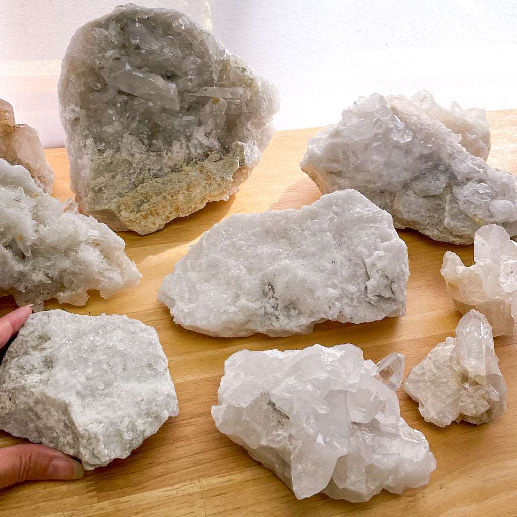 Clear quartz crystal cluster XS-XL