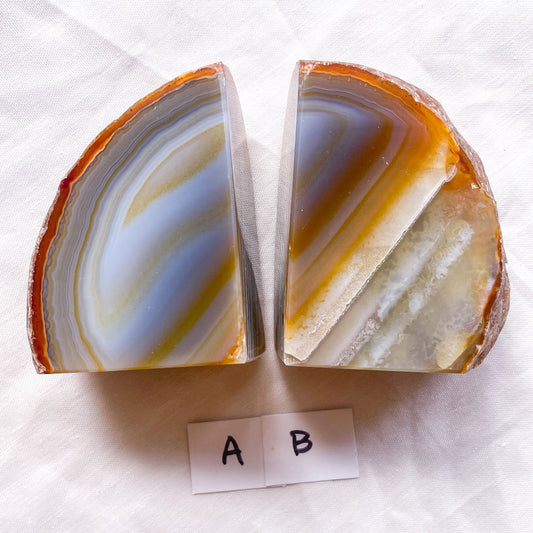 Natural agate quartz crystal geode stone bookend pair