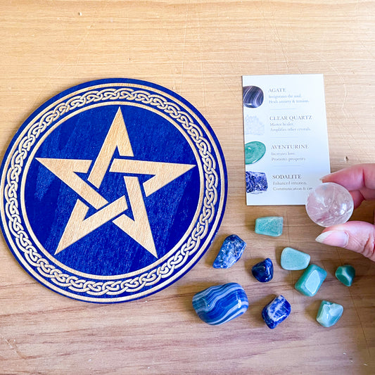 SET - 5 elements Pentagram crystal grid wooden with crystals