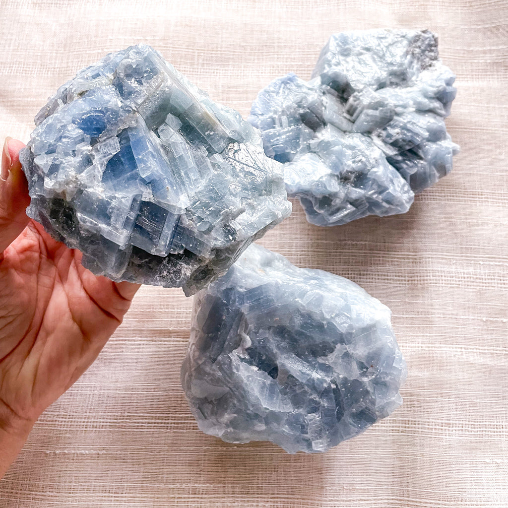 Large blue calcite crystal rough stone