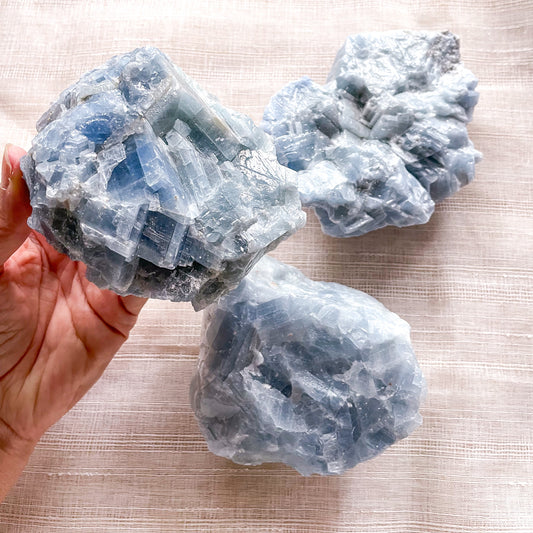 Large blue calcite crystal rough stone