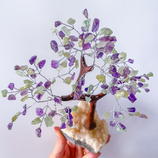 Amethyst, green aventurine and zeolite cluster crystal feng shui tree XL