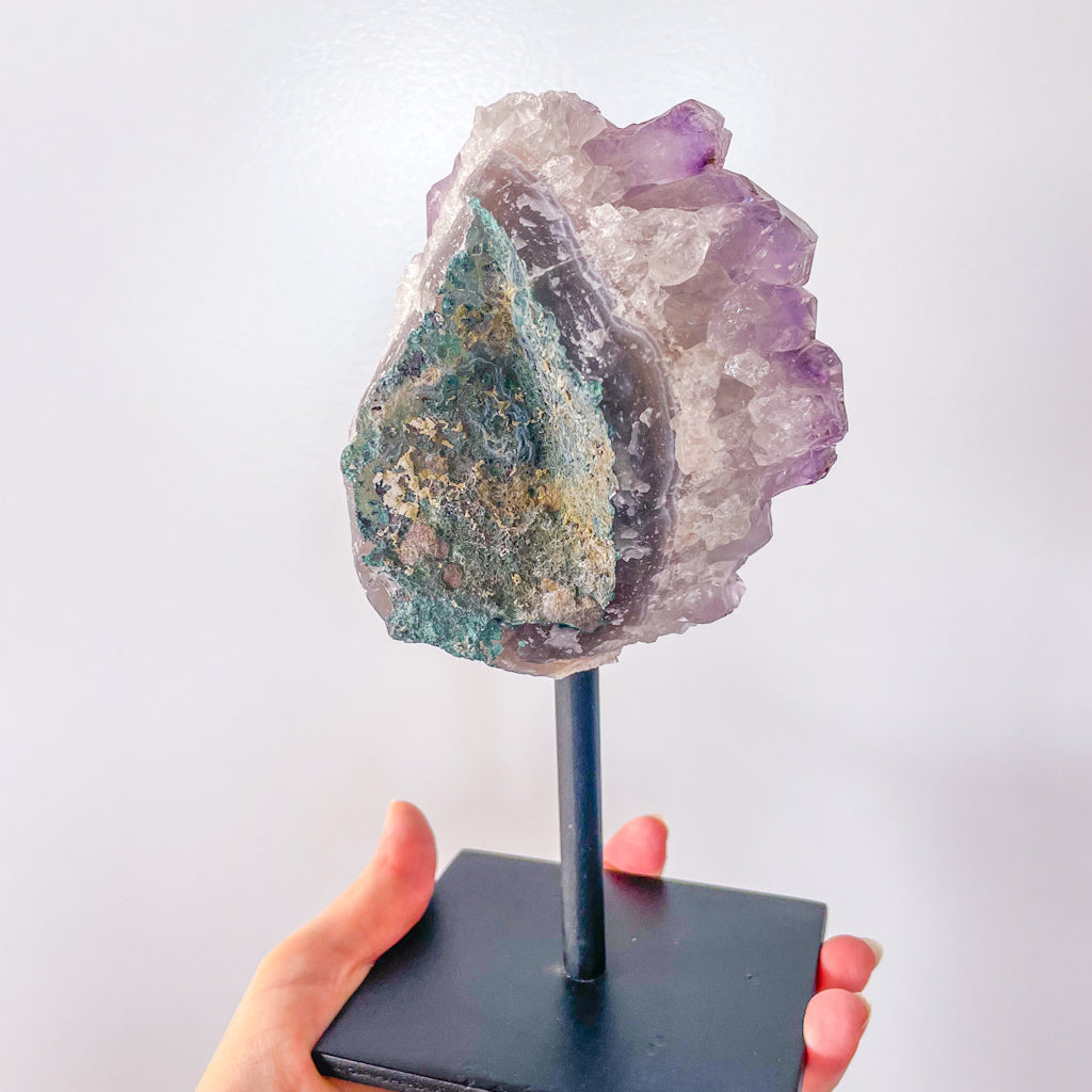 Amethyst Goethite crystal cluster on stand 1kg