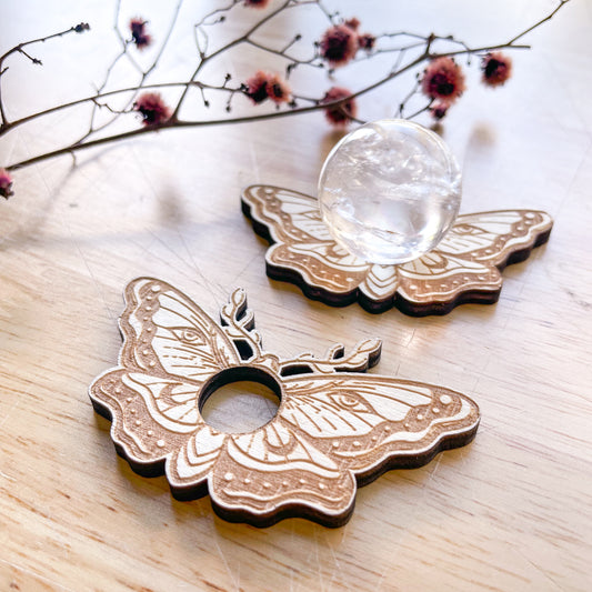 Death moth / butterfly crystal sphere stand / wooden plate
