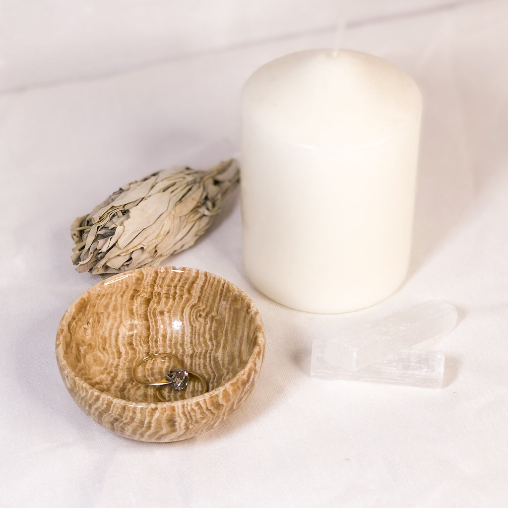 Banded calcite crystal dish / aragonite bowl