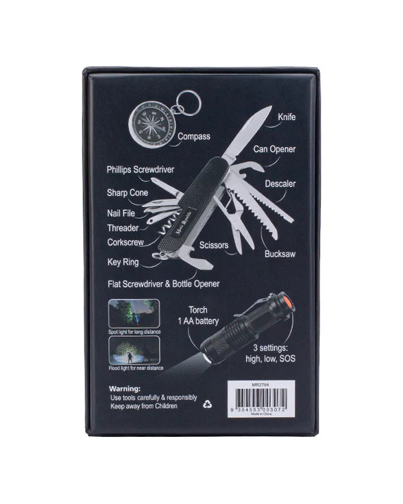 Camping adventure gift set - compass, torch and multitool knife