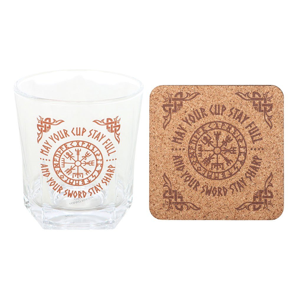 Viking compass / Vegvisir whisky glass and cork coaster
