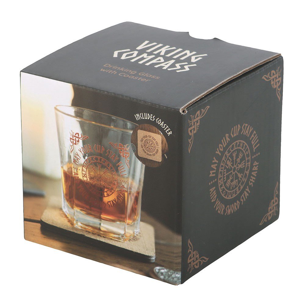 Viking compass / Vegvisir whisky glass and cork coaster