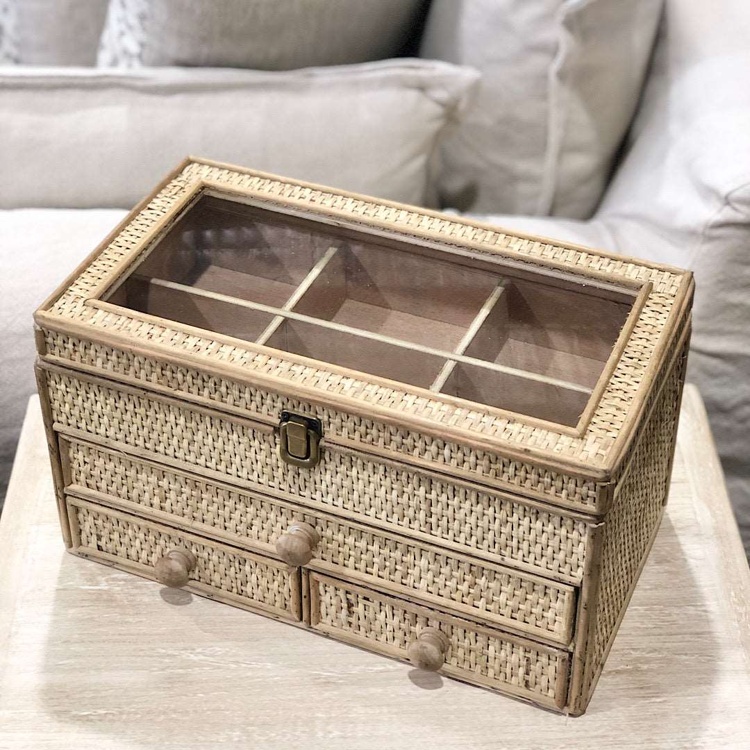 Boho rattan jewellery / weaved glass top storage box