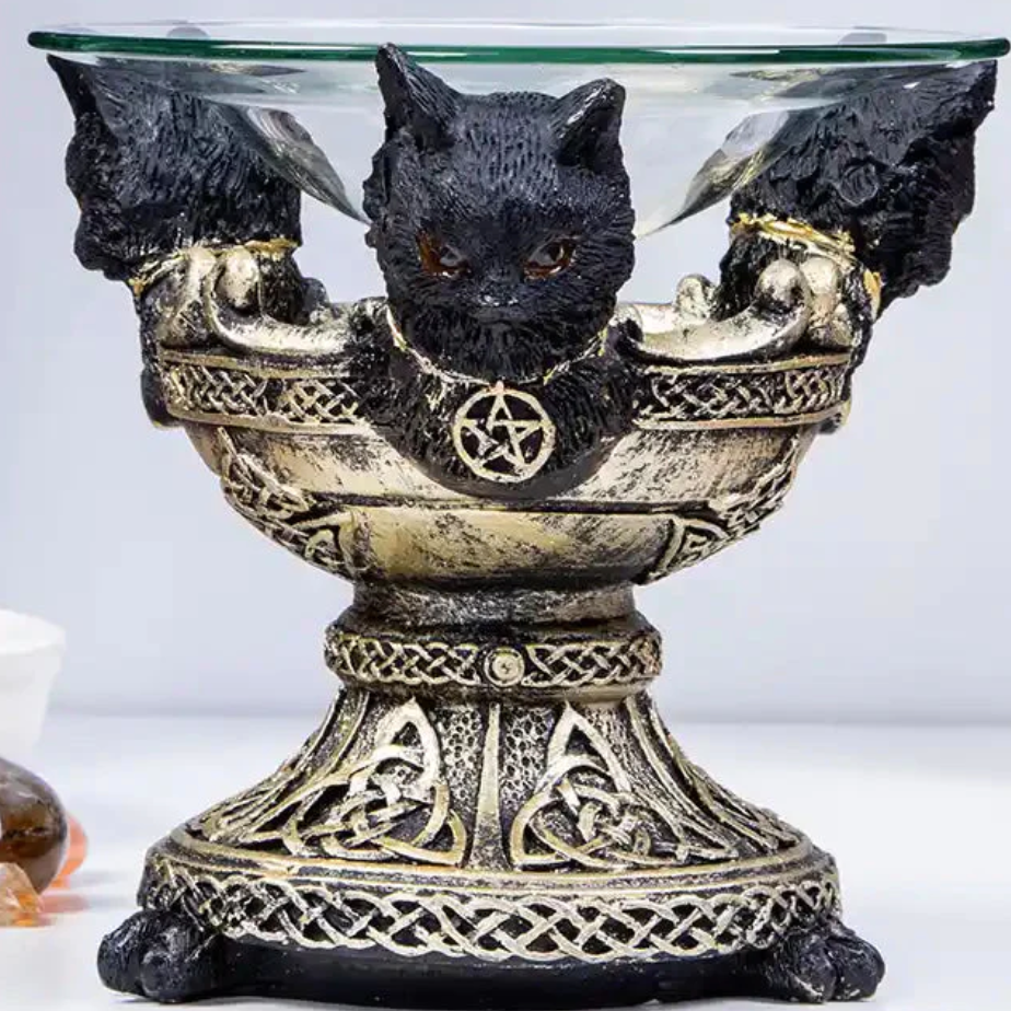 Three black cats witches oil burner / crystal sphere stand