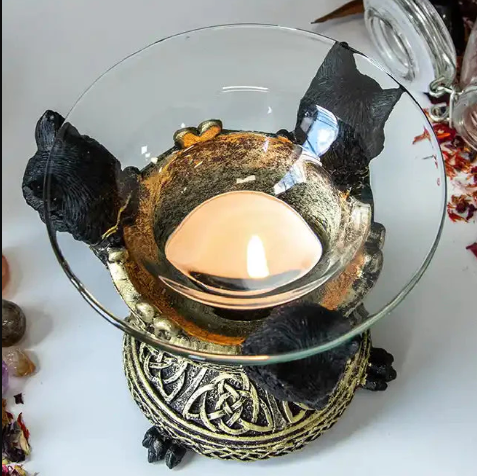 Three black cats witches oil burner / crystal sphere stand