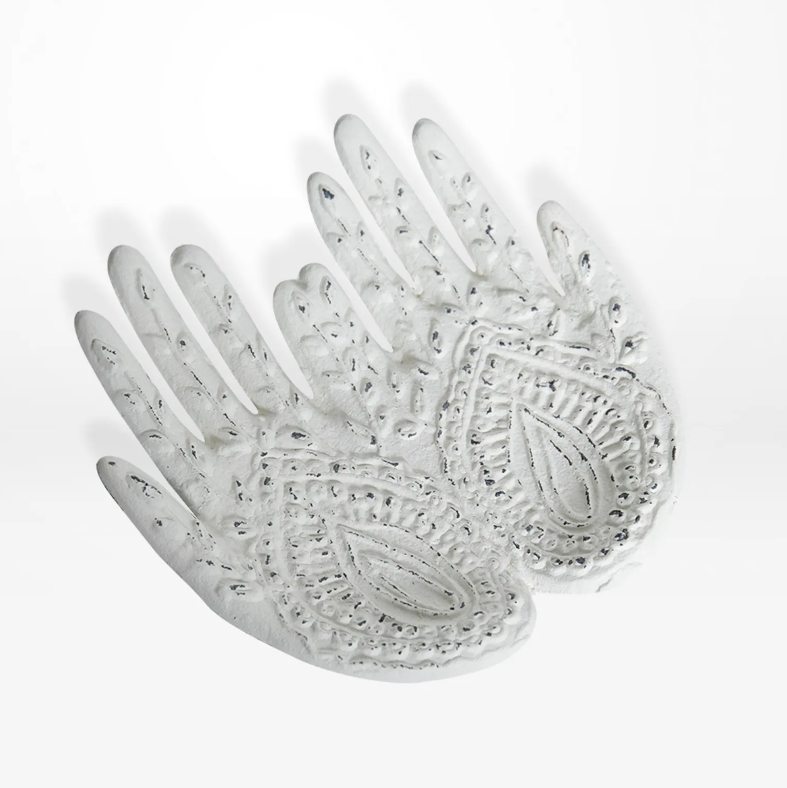 White washed cast iron hamsa buddha hands dish