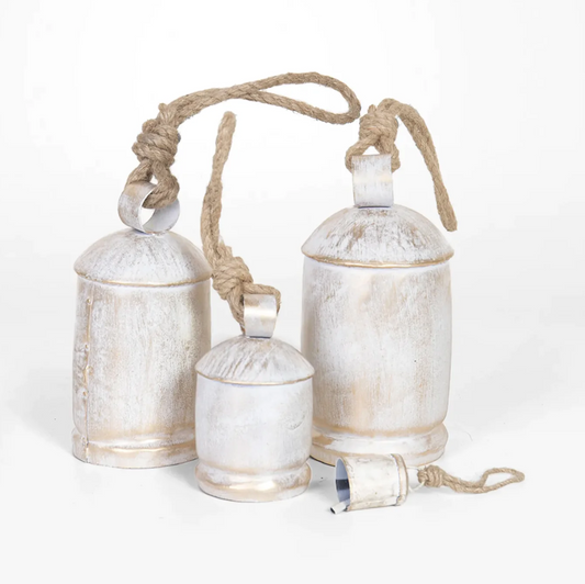 Vintage coastal white washed gold iron cow bell XS - XL