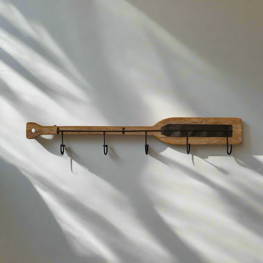 Large wooden boat oar wall decor with 5 metal hooks 86cm