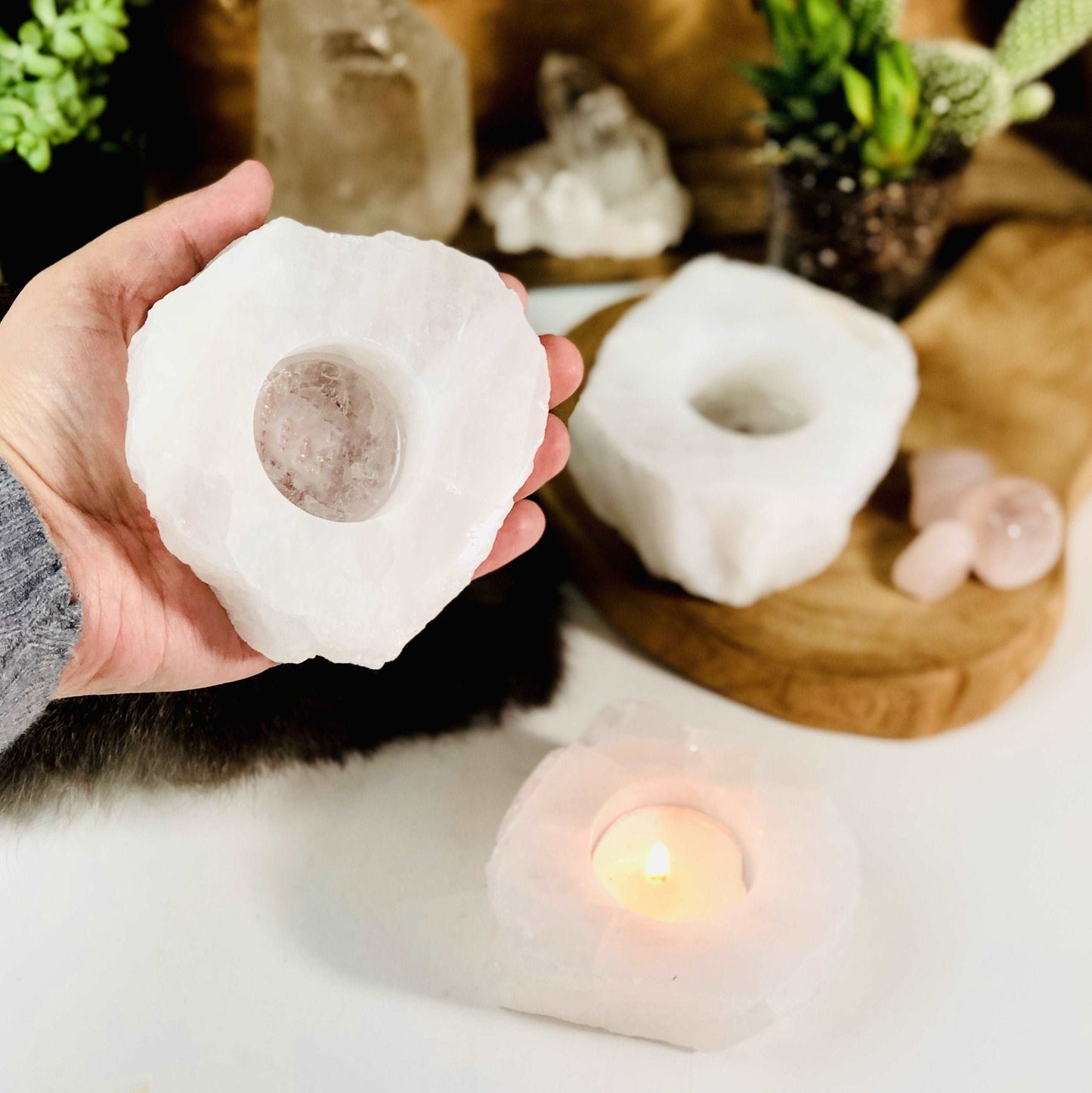 Clear quartz crystal candle holder