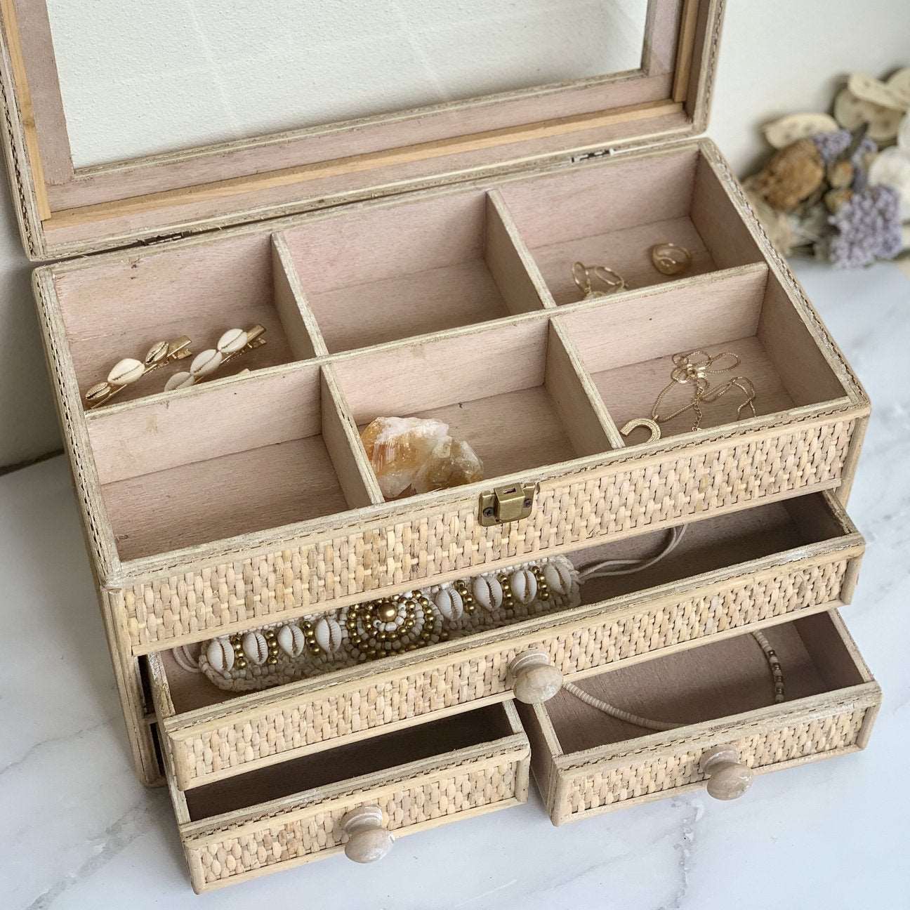 Boho rattan jewellery / weaved glass top storage box