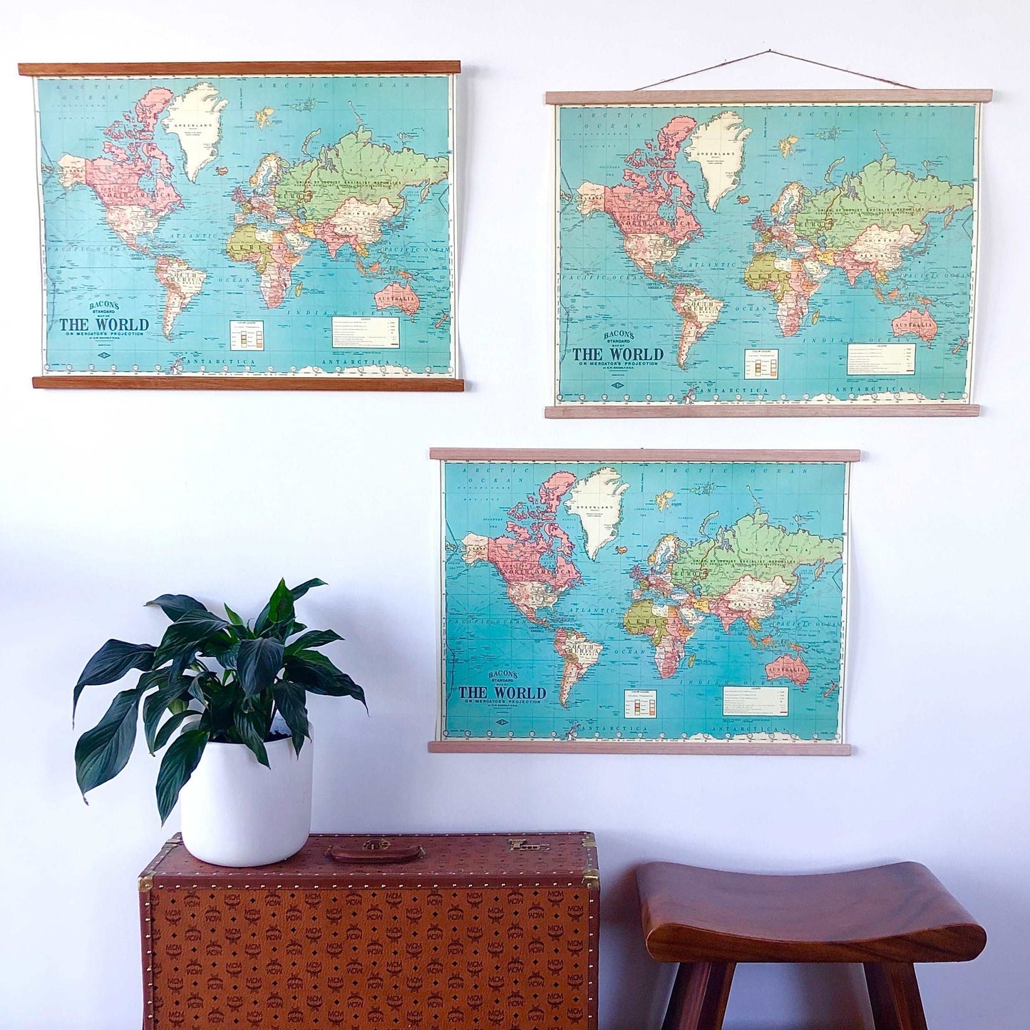 Bacons the world map vintage chart poster print