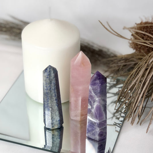 Trio of crystal towers - Rose quartz, Chevron Amethyst + Sodalite points bundle