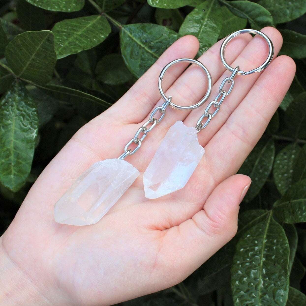 Clear quartz crystal point key chain ring