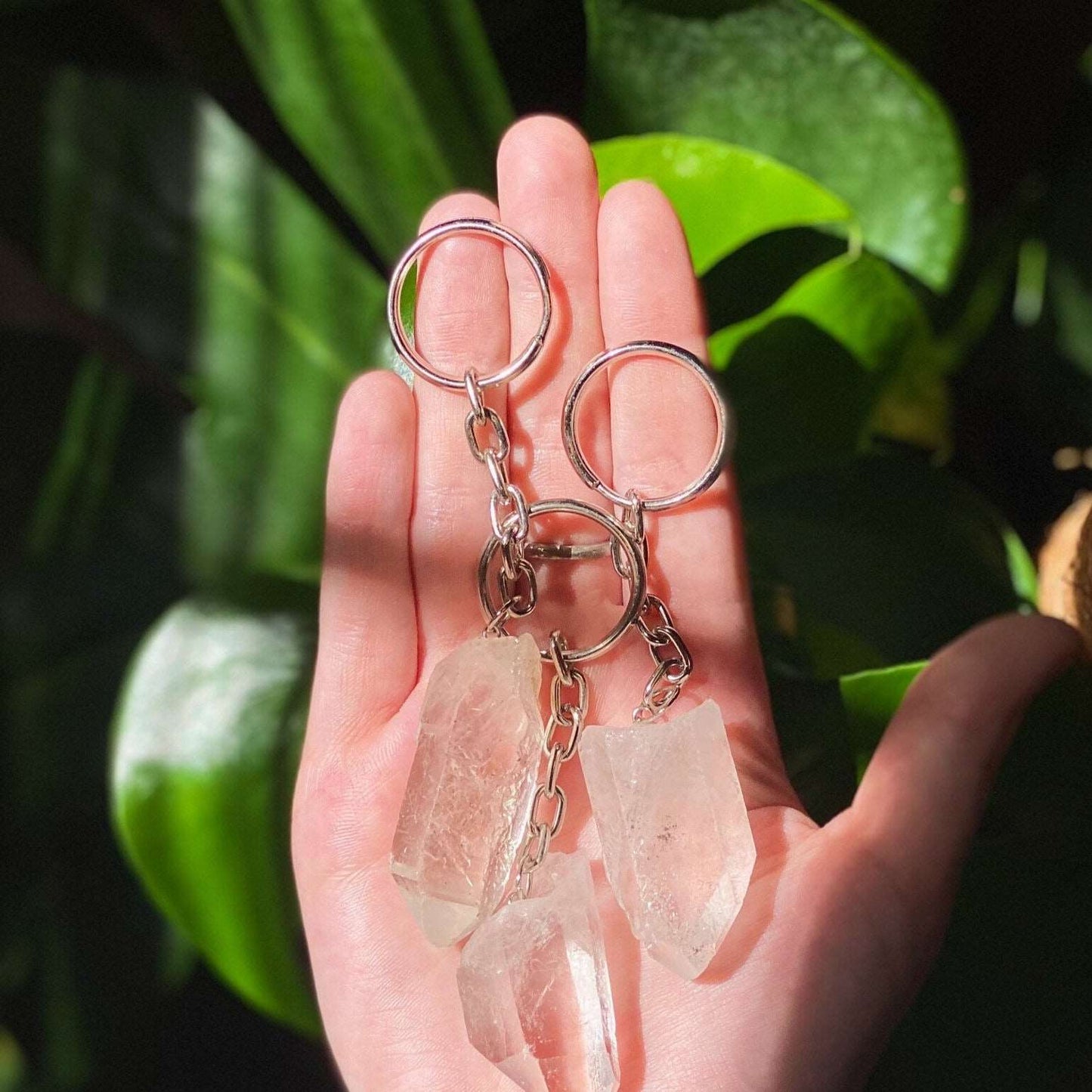 Clear quartz crystal point key chain ring