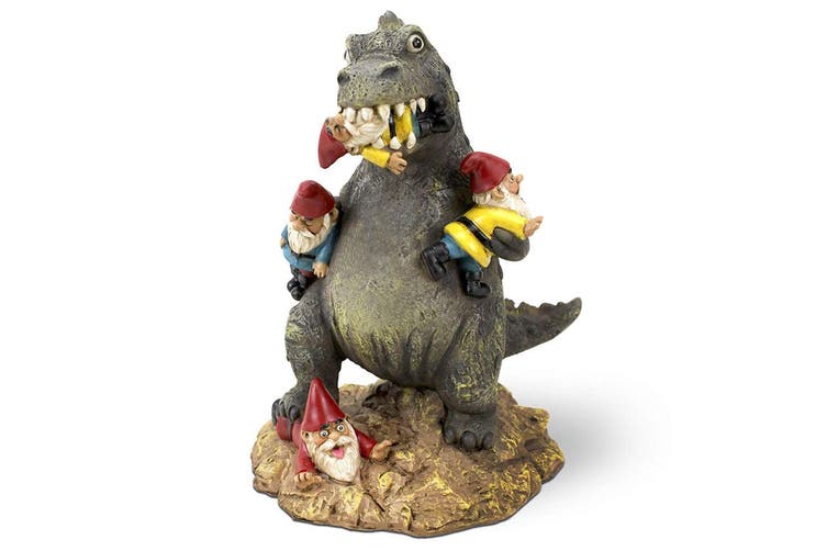 Gnomezilla / Dinosaur trex eating garden gnomes statue