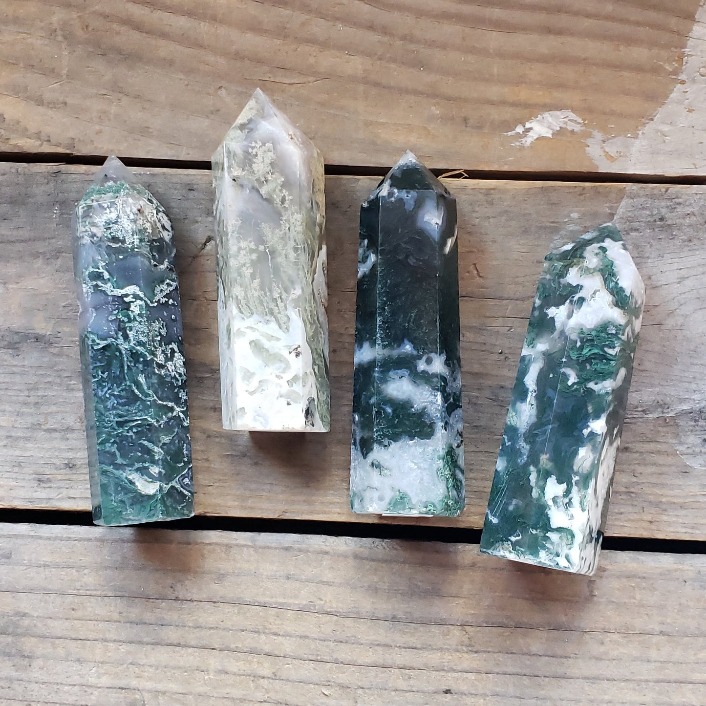 Moss agate crystal polished point tower