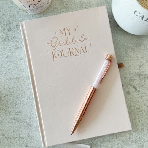 Rose quartz crystal pen and gratitude journal notebook set